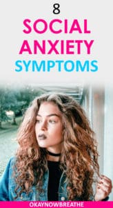 Female grabbing at strand of curly hair looking at the distance. Text reads 8 social anxiety symptoms