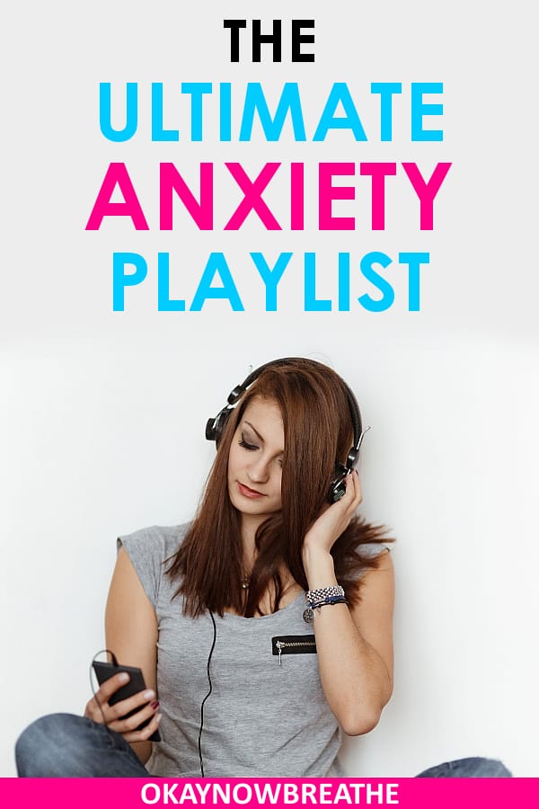 A female with a gray shirt wearing headphones and looking down at music device. Text reads The Ultimate Anxiety Playlist