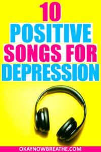 Black wireless headphone on a bright yellow background with the text 10 positive songs for depression