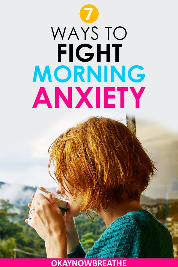 Redhead female with short hair sipping on a coffee mug. Text says 7 ways to fight morning anxiety