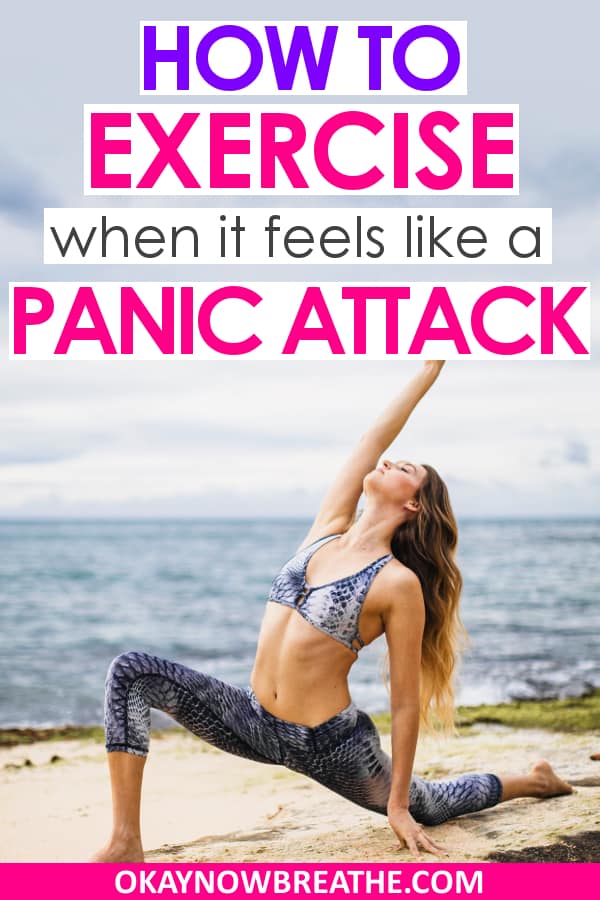 Female doing yoga on the beach with sports bra and capris with words Hot to Exercise when it feels like a panic attack in purple and pink writing