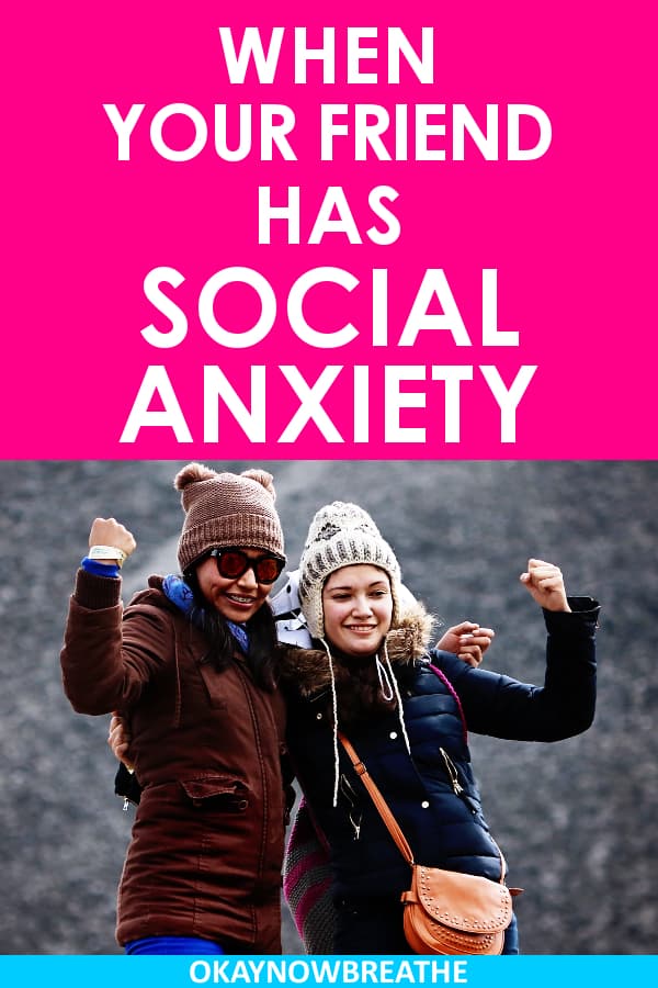 Two young woman with coats and winter hats flexing. On hot pink background, it says "when your friend has social anxiety"