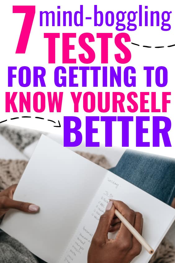 Title text says 7 mind-boggling tests for getting to know yourself better. These is an image of a woman holding a paper with a list on it. She's holding a pencil as well.