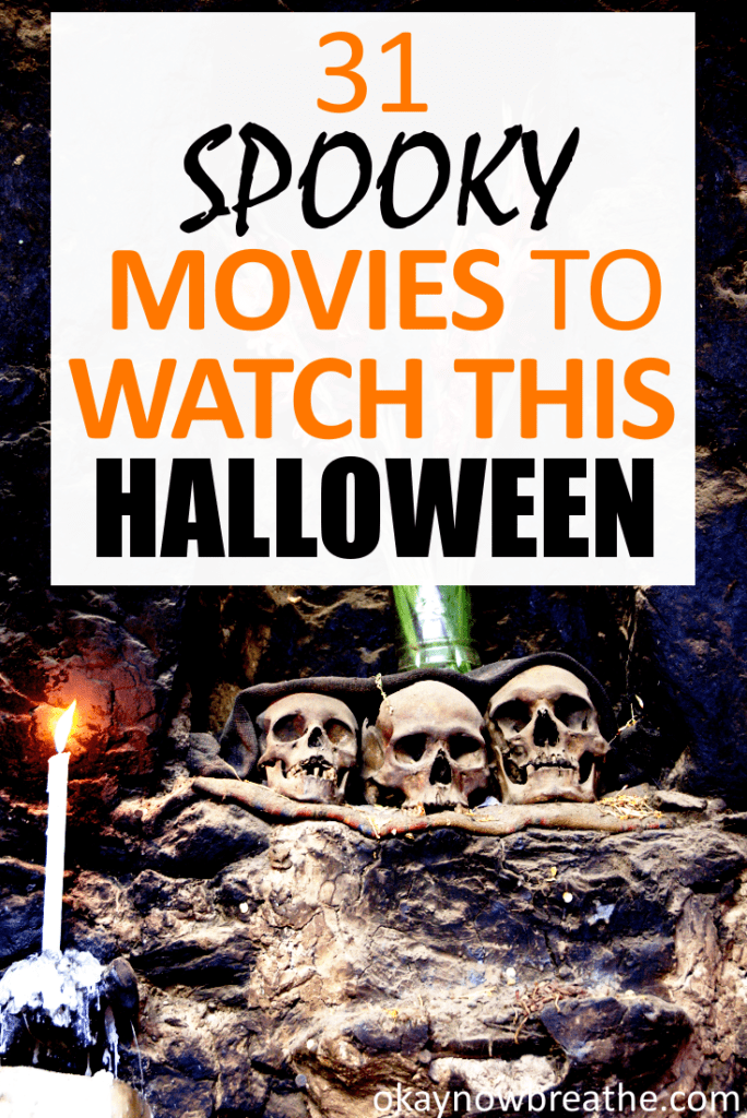 Three skeleton heads on a rock formation. Text says 31 spooky movies to watch this Halloween