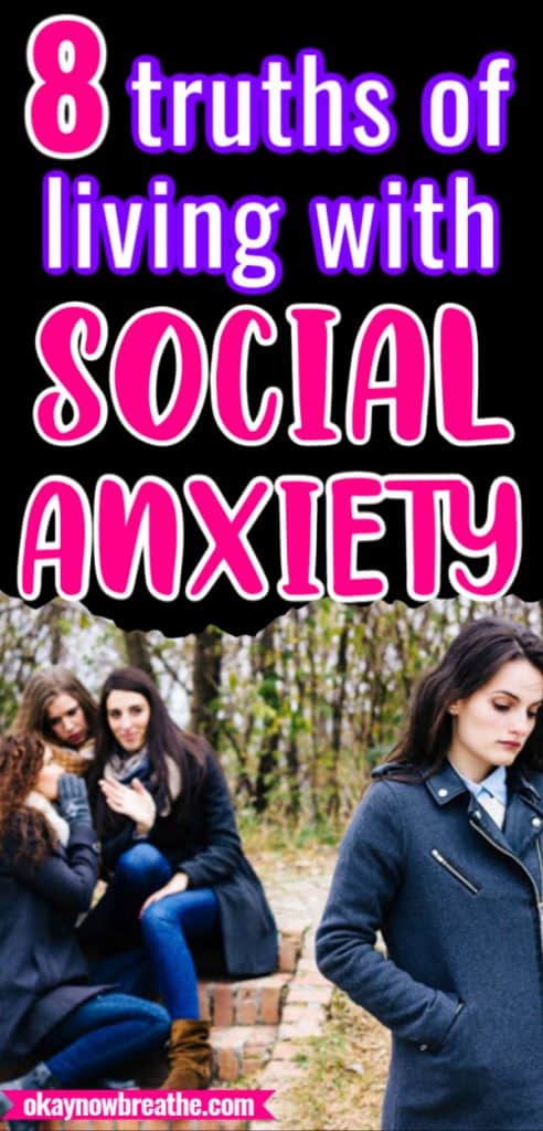 Female alone with hands in coat pocket. Three females in the background gossiping about here. Text reads 8 truths of living with social anxiety