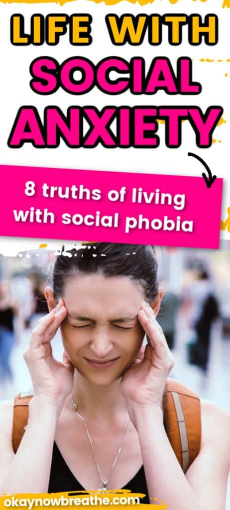 Female pressing fingers into temples on forehead with people blurred in the background. Text says Life with social anxiety: 8 truths of living with social phobia