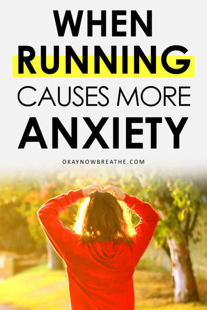 Female in a red long sleeve shirt with hand on head. The sun is setting. Text says running causes more anxiety