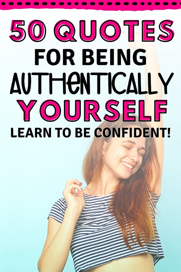 Female with striped cropped top smiling. Text overlay says 50 quotes for being authentically yourself. learn to be confident!