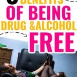 Female passed out in arm chair holding beer bottle in hand. She has flannel, shorts, and ripped tights on. Title text says, "8 outstanding benefits of being drug and alcohol free"