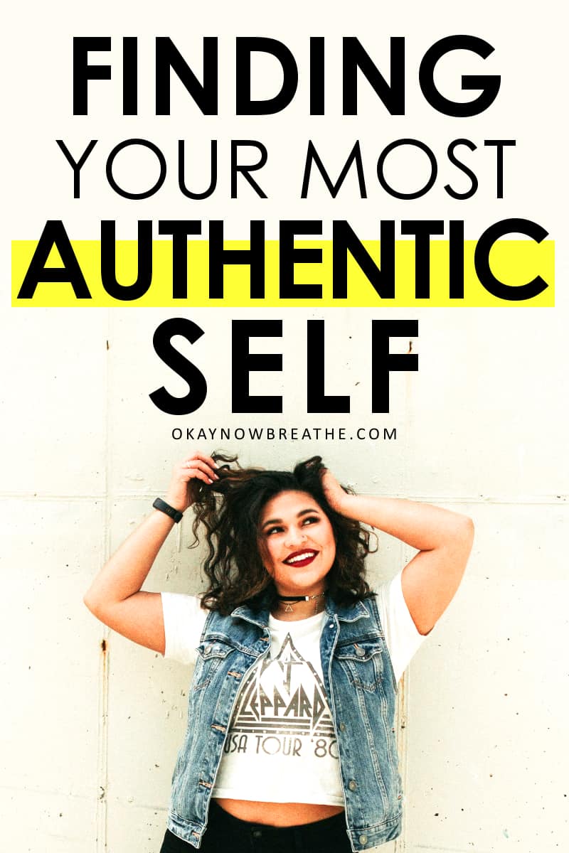 Female grabbing curly dark hair while smiling. She's wearing a white Def Leppard shirt and a jean vest. Words say Finding Your Most Authentic Self