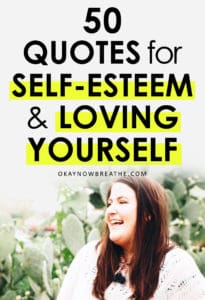 A female laughing with a white sweater with text that reads 50 Quotes for Self-Esteem and Loving Yourself