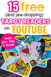 Rider Waite tarot cards spread out. Title says 15 free (and jaw-dropping) tarot readers on YouTube. Read you like a book!