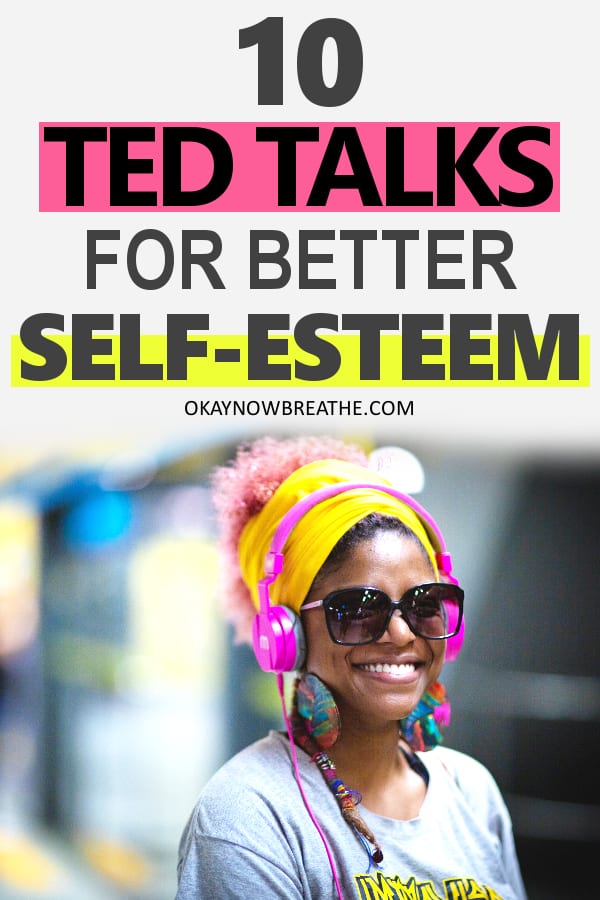 Female with pink hair, yellow headband, pink headphones, and big sunglasses with text: 10 TED Talks for better self-esteem and compassion are the perfect opportunity to forgive ourselves and let go of any internal conflict.