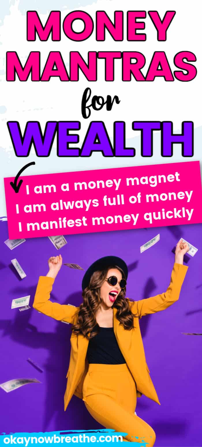 Female in yellow business outfit throwing money in the air. Text says Money Mantras for Wealth. I am a money magnet. I am always full of money. I manifest money quickly