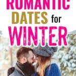 Couple about to kiss outside in the winter. Title says 35 romantic dates for winter