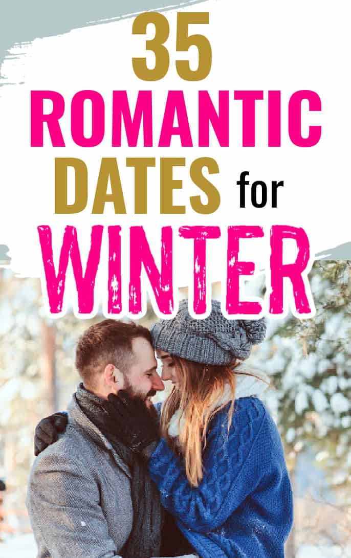 Couple about to kiss outside in the winter. Title says 35 romantic dates for winter
