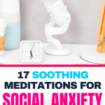 A white microphone next to a white clock and vase filled with pink flowers. Text says 17 soothing meditations for social anxiety free on YouTube