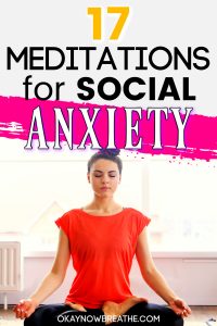 Female in red top and hair in a bun. Title text says 17 meditations for social anxiety