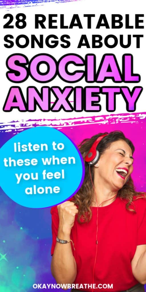 Female with red shirt and red headphones singing. Text reads 28 relatable songs about social anxiety - listen to these when you feel alone