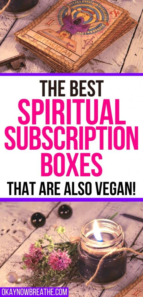 A tarot deck and a burning dark candle. Text says the best spiritual subscription boxes that are also vegan!