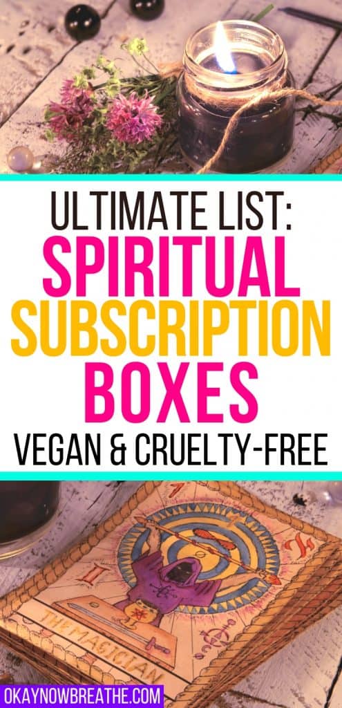 Text says Ultimate List: spiritual subscription boxes vegan and cruelty-free. Images are of a candle and tarot cards.