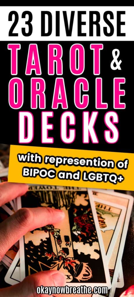 Hand holding tarot cards. Text says 23 Diverse Tarot and Oracle Decks with representation of BIPOC and LGBTQ+