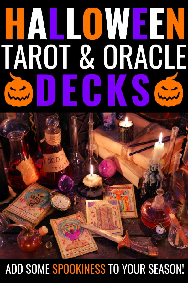 Tarot cards next to candles and occult items. Title says Halloween tarot and oracle decks. add some spookiness to your season!