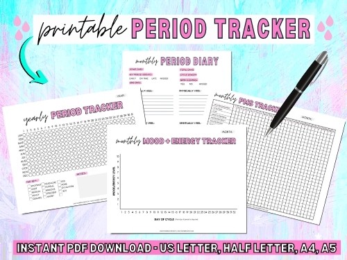 On a light blue background, there is a mockup of 4 period tracker printables.