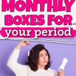 White female with dark short hair wearing a white sweater holding up a menstrual pad in one hand and a tampon in the other. She is looking at the pad. There is large title text that says 11 essential monthly boxes for your period.