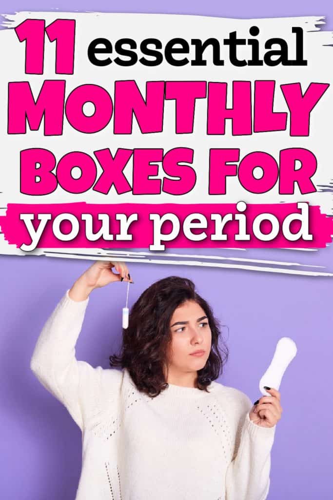 White female with dark short hair wearing a white sweater holding up a menstrual pad in one hand and a tampon in the other. She is looking at the pad. There is large title text that says 11 essential monthly boxes for your period.