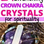 In a small bowl there are amethyst crystals with a piece of selenite on top. Above this image, there is text that says: 21 wonderfully awakening crown chakra crystals for spirituality - okaynowbreathe.com