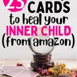 There is a distressed book with dried flower petals sprawled about. There are some spread out cards, as well as a crystal ball on top of it. There is a text overlay that says: 23 oracle cards to heal your inner child (from amazon)