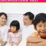 There is a family of four sitting in bed. In the background, there's a mom, dad, and daughter. In the front, there is a boy with his arms crossed over his legs. Above this image, there is text that says: Surefire Signs a Parent is Playing Favorites Between Their Kids - okaynowbreathe.com