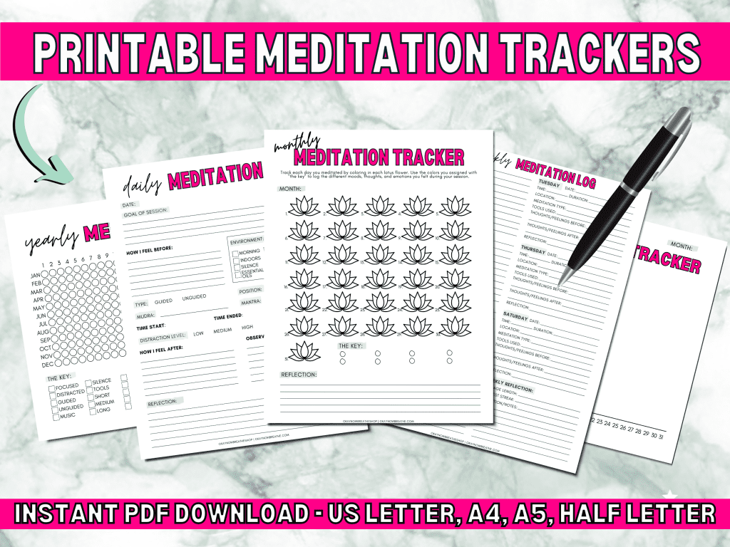 A mockup of meditations available on okaynowbreatheshop on etsy.