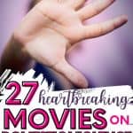 There is a palm right at the camera. Below, there is text that says: 27 heartbreaking movies on domestic violence.