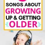 There is a young girl laying on her stomach on the floor. She is wearing adult-sized headphones and she's giggling. Above her, there is text: 54 songs about growing up and getting older.