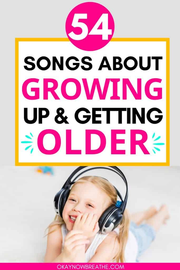 There is a young girl laying on her stomach on the floor. She is wearing adult-sized headphones and she's giggling. Above her, there is text: 54 songs about growing up and getting older.