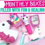 These is a subscription boxed with unicorns and unicorn-themed items. On top, there is text that says: inner child monthly boxes filled with fun and healing