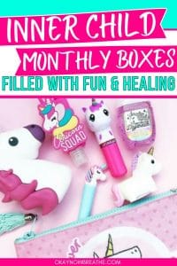 These is a subscription boxed with unicorns and unicorn-themed items. On top, there is text that says: inner child monthly boxes filled with fun and healing
